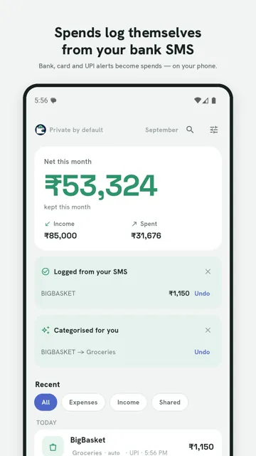 Fidaura home screen showing a spend logged automatically from a bank SMS