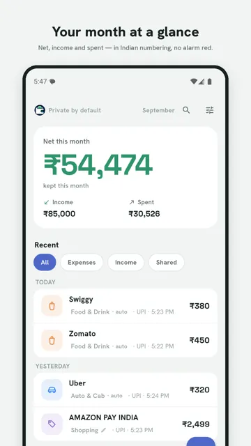 Fidaura month view showing net, income and spent