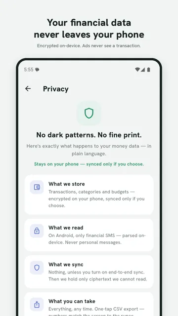 Fidaura privacy screen: your financial data never leaves your phone